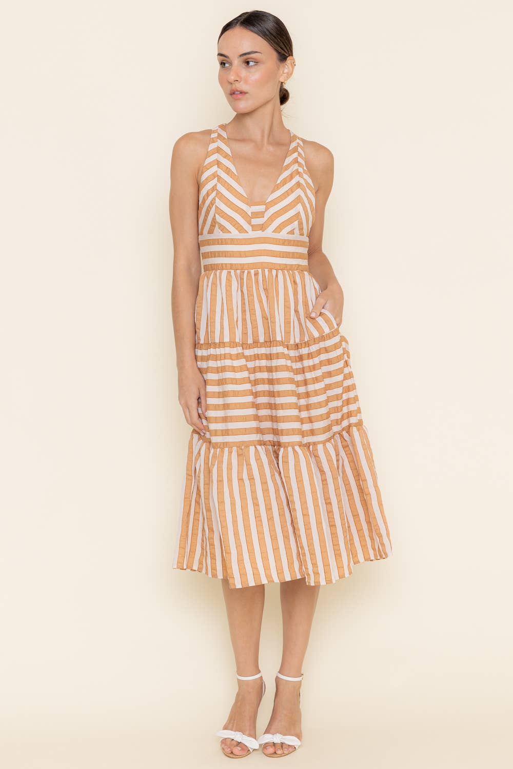 Fore Collection Striped Tiered Midi Dress