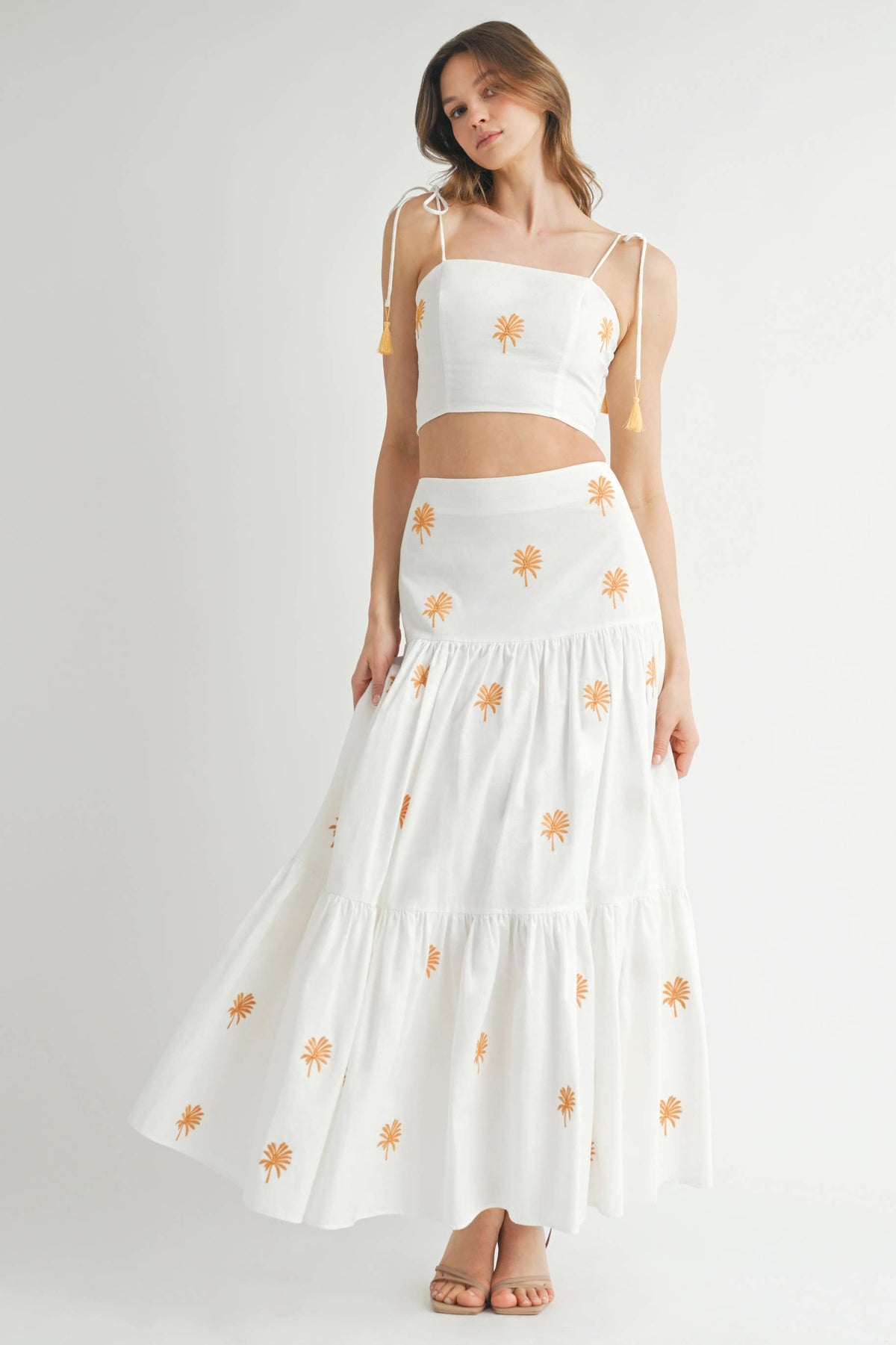 Endless Blu Palm Embroidered Tiered Maxi Skirt