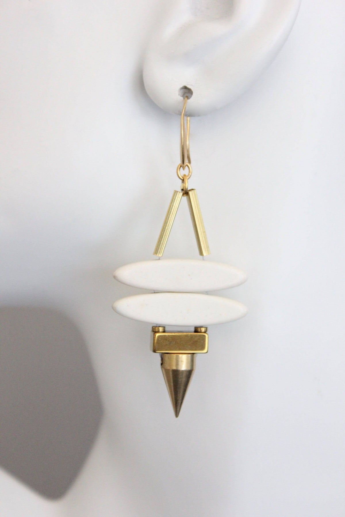 David Aubrey Geometric White Stone Ellipse & Brass Spike Earrings