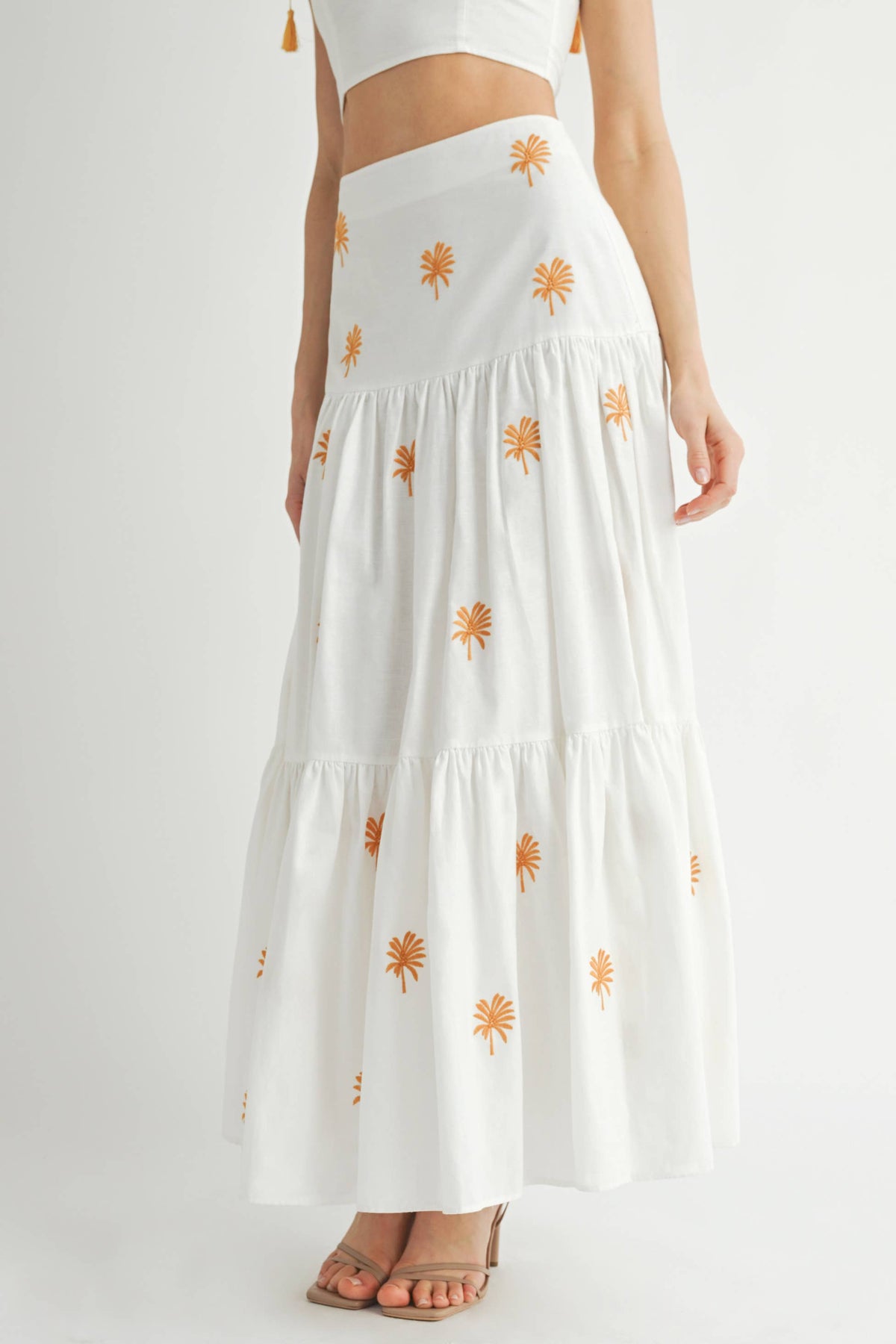 Endless Blu Palm Embroidered Tiered Maxi Skirt