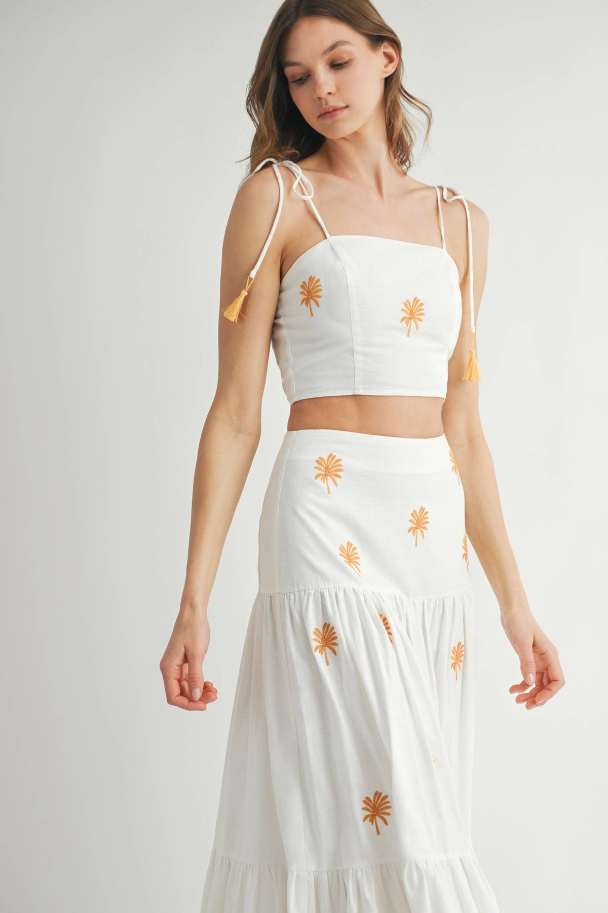 Endless Blu Palm Embroidered Tiered Maxi Skirt