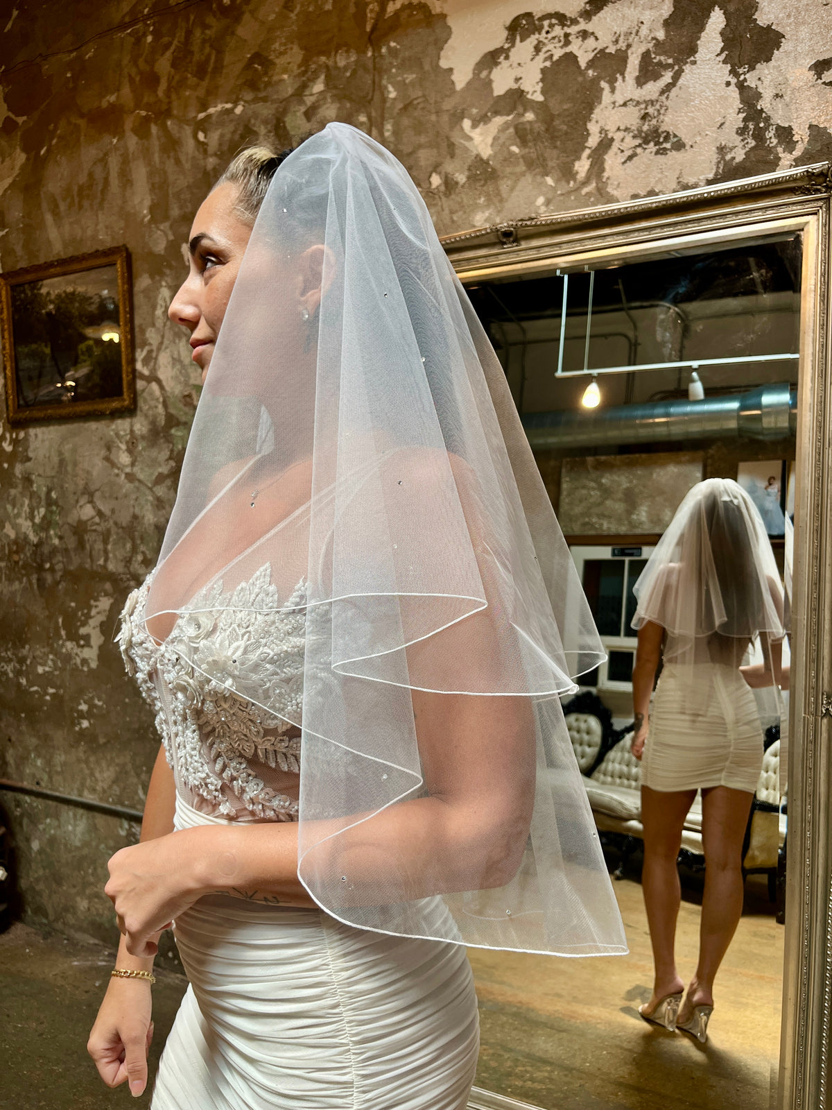 Toile Jeweled Elbow Length Veil in White
