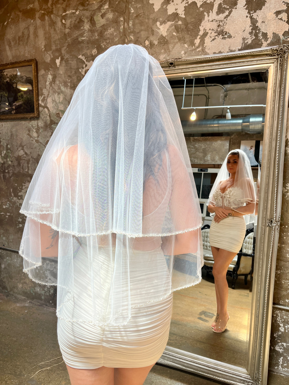 Toile Beaded Trim Waist Length Veil in White