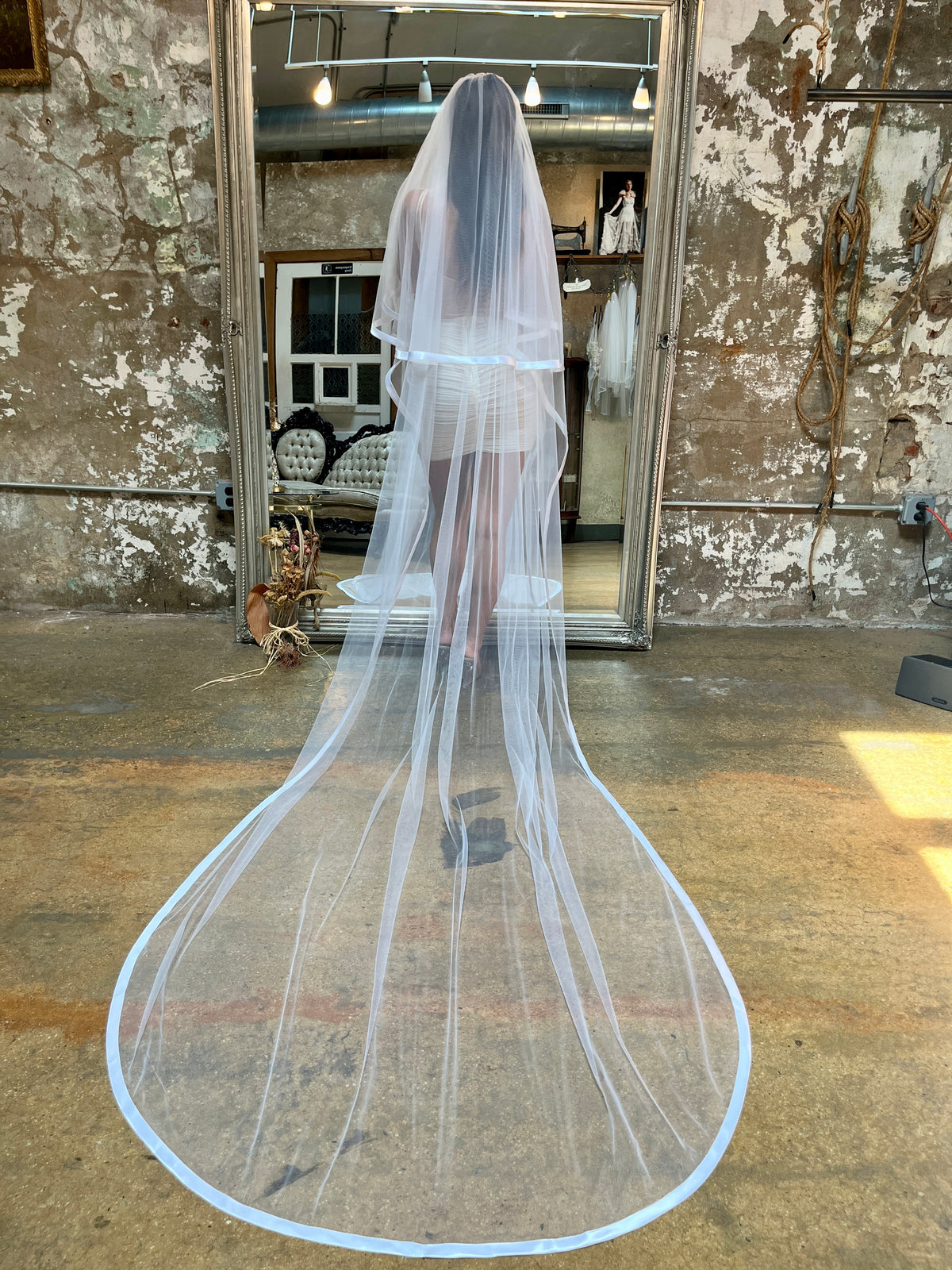 Toile Wide Ribbon Cathedral Length Veil with Blusher in White