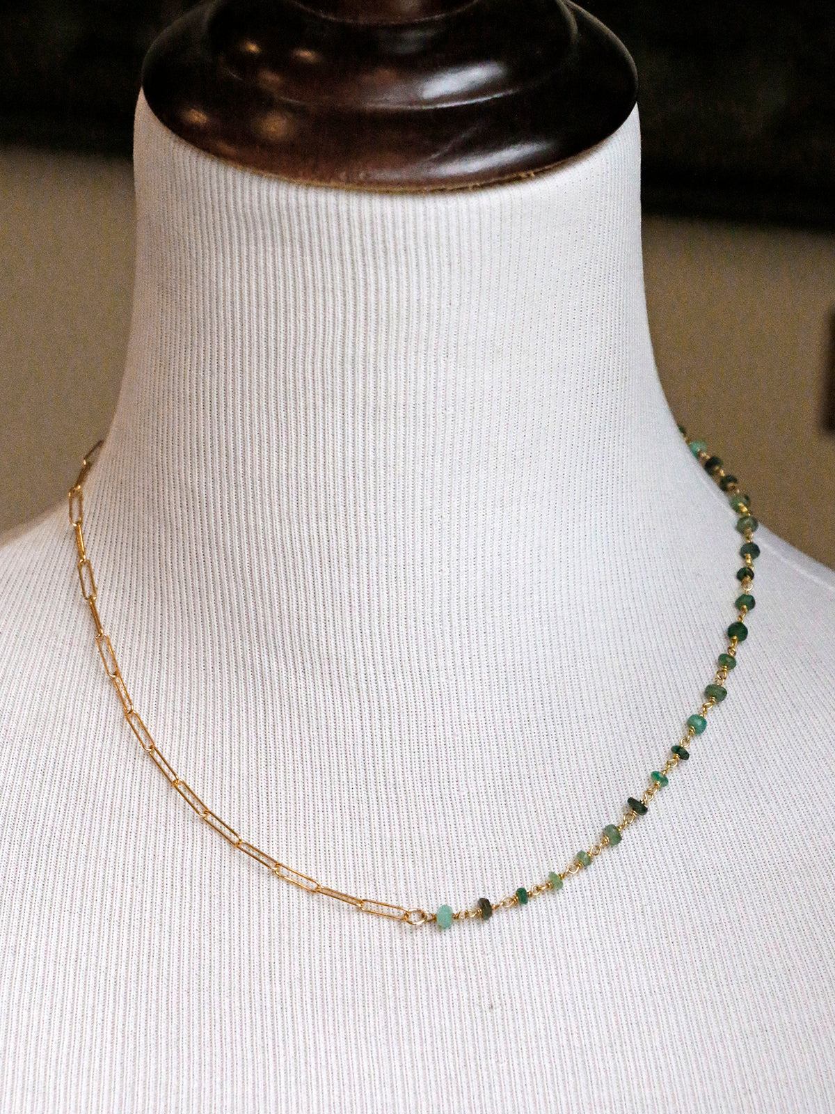Susan Rifkin Beaded Emerald + Gold Paperclip Chain Necklace