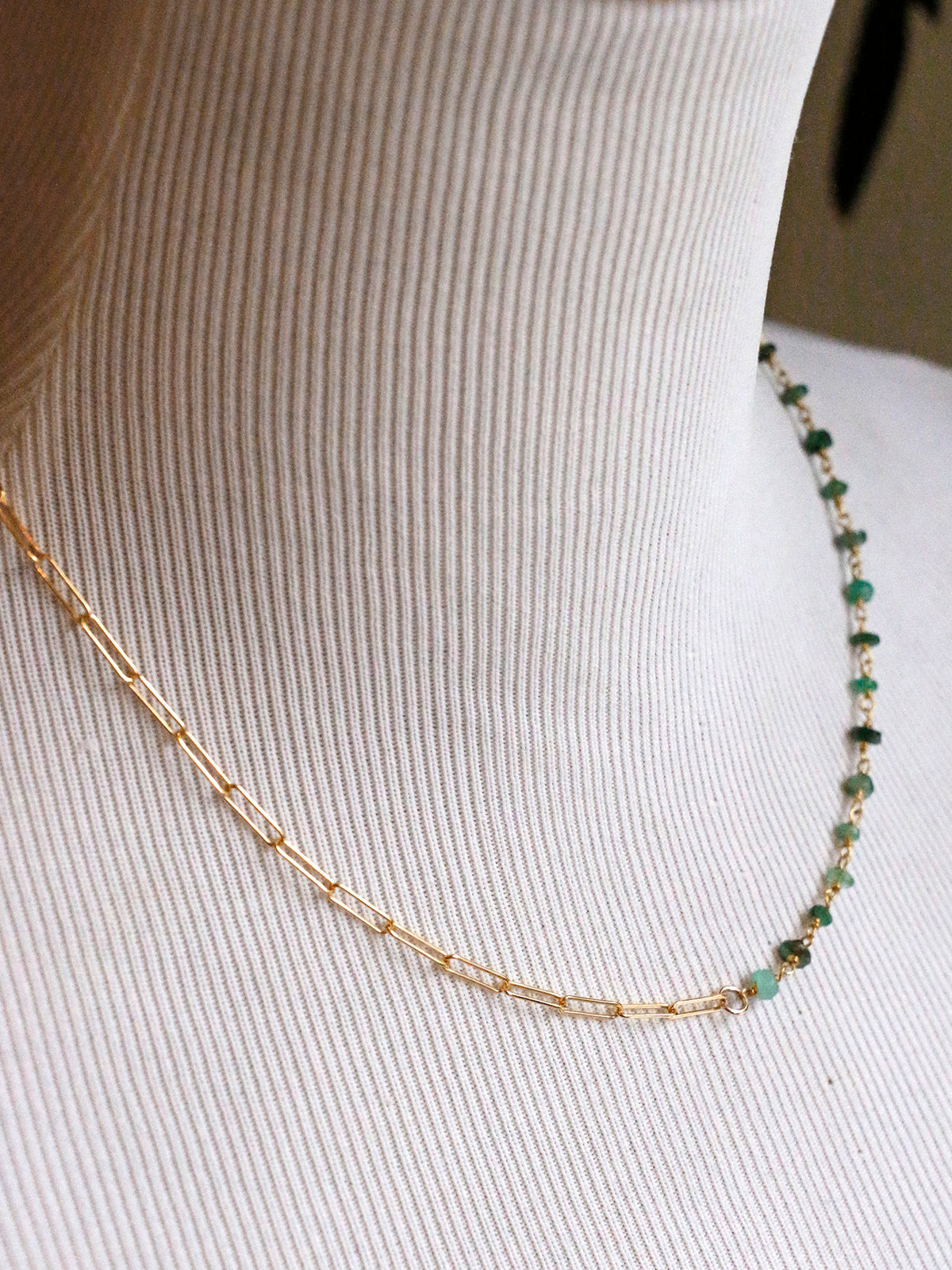 Susan Rifkin Beaded Emerald + Gold Paperclip Chain Necklace