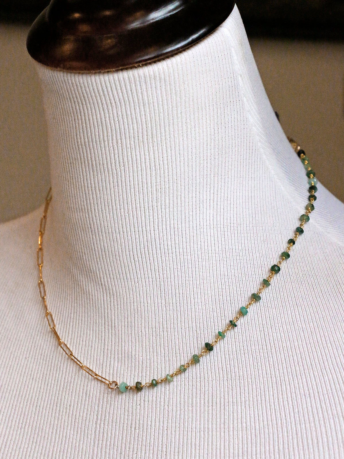 Susan Rifkin Beaded Emerald + Gold Paperclip Chain Necklace