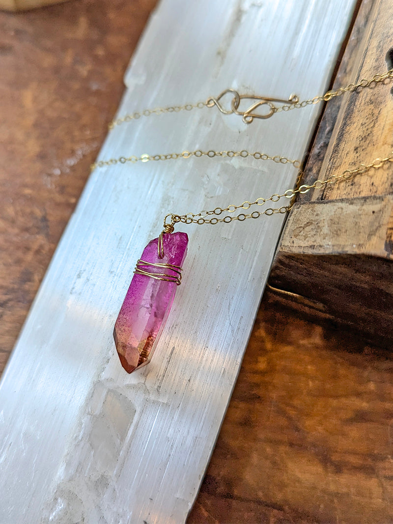 Vannucci Gold Wire Wrapped Quartz Necklace | Pink + Yellow