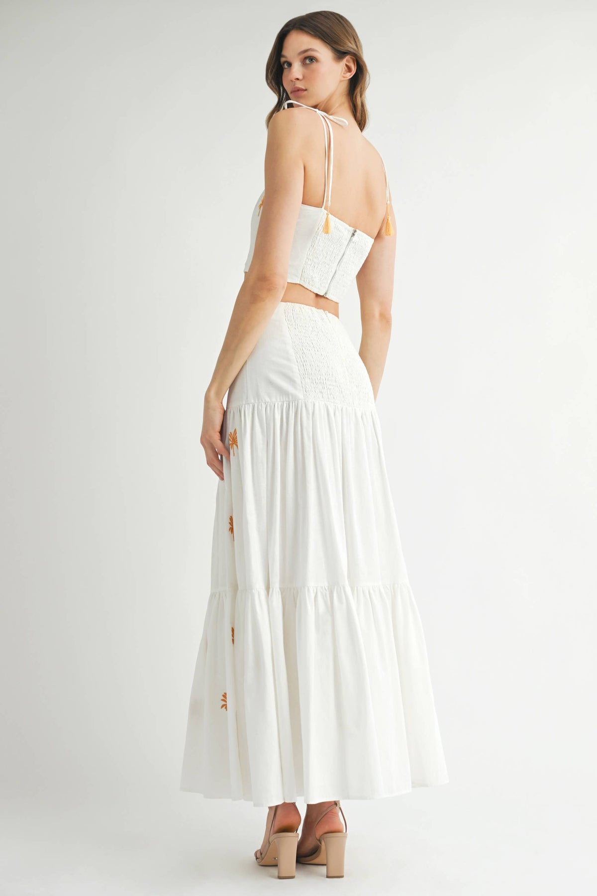 Endless Blu Palm Embroidered Tiered Maxi Skirt