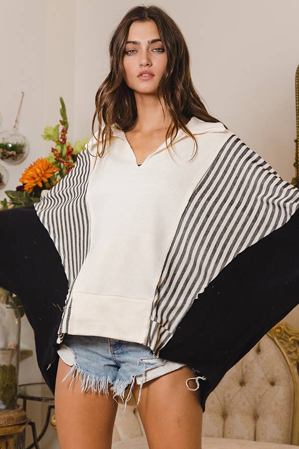 Bucketlist Oversized Collared V-Neck Contrast Top