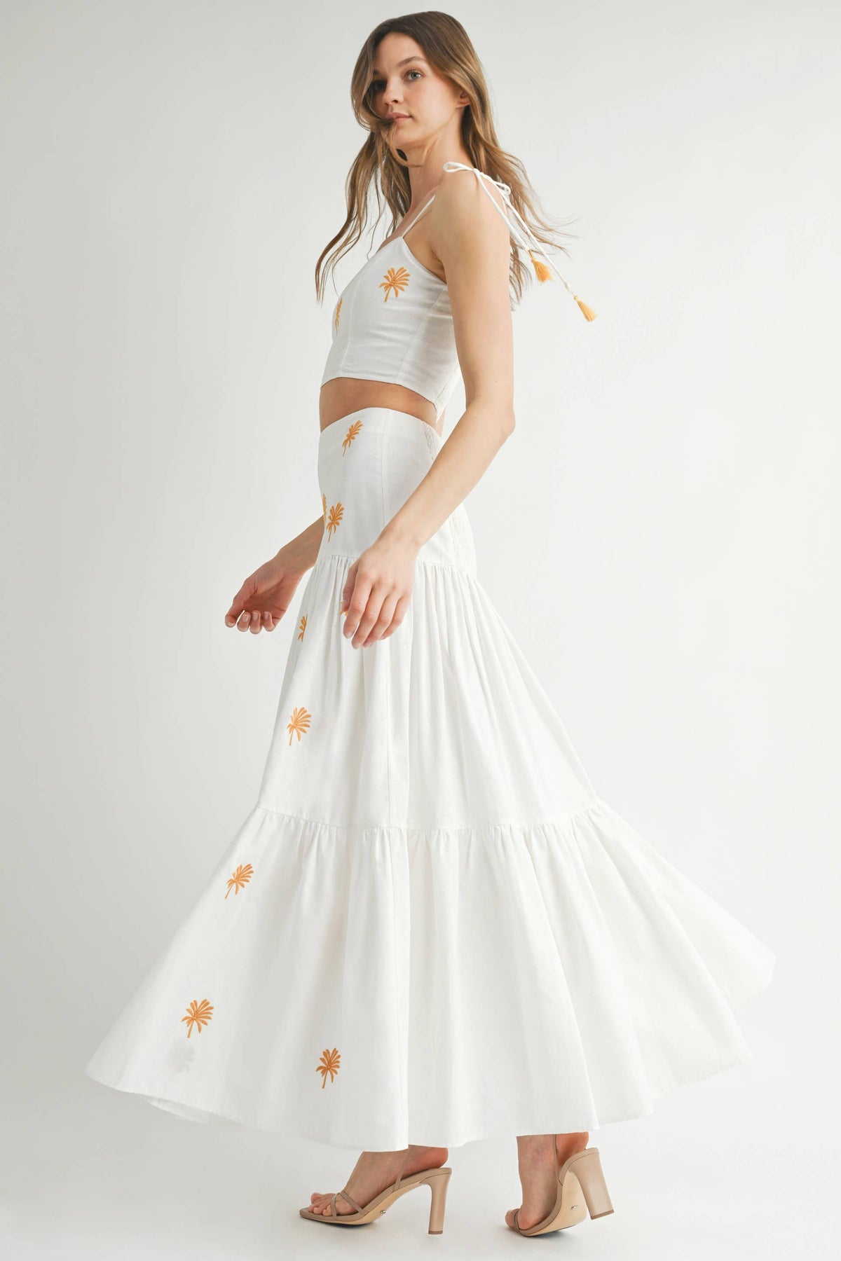 Endless Blu Palm Embroidered Tiered Maxi Skirt