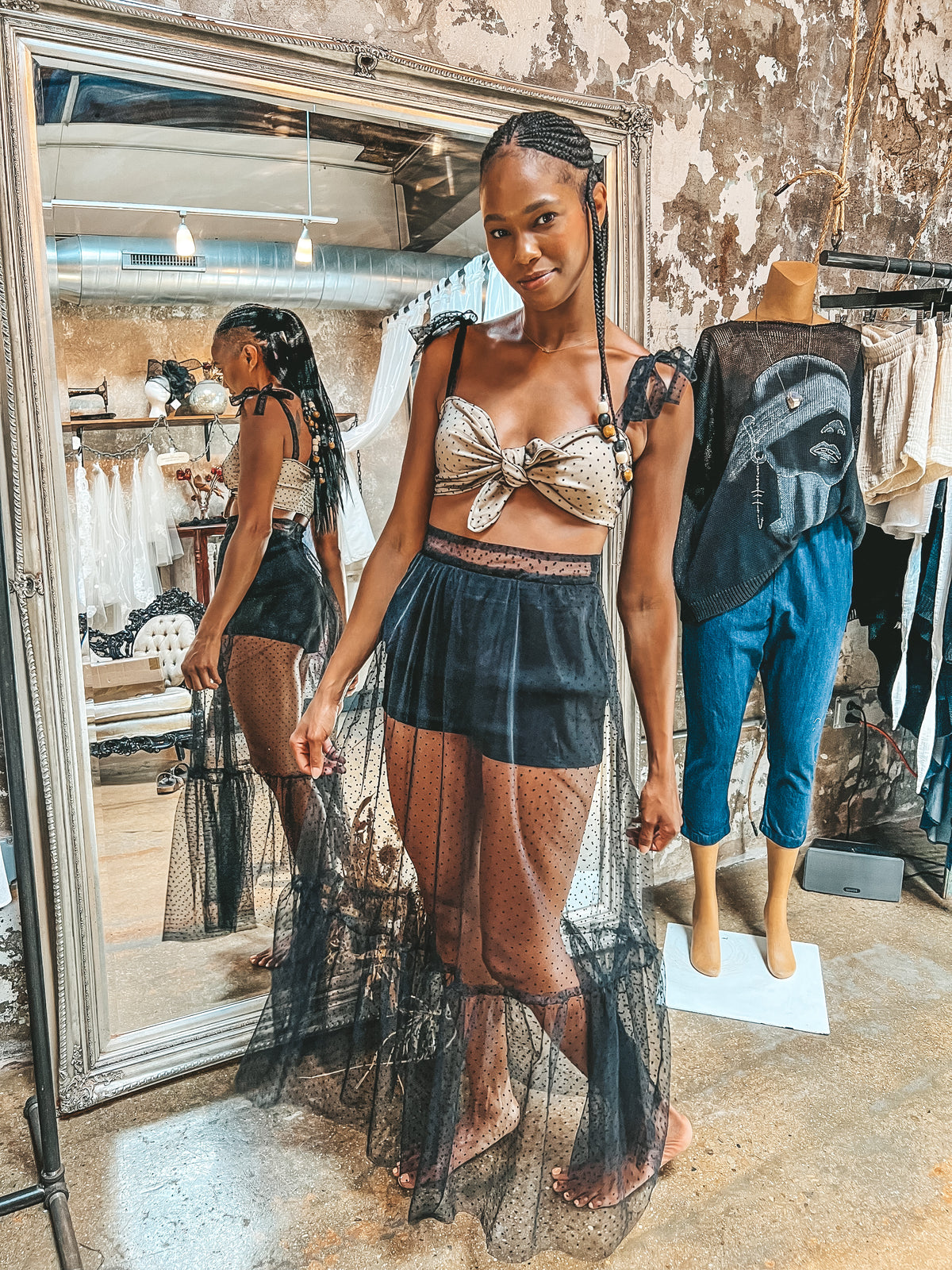 Bianca Rachele Dotted Tulle Tie Front Top