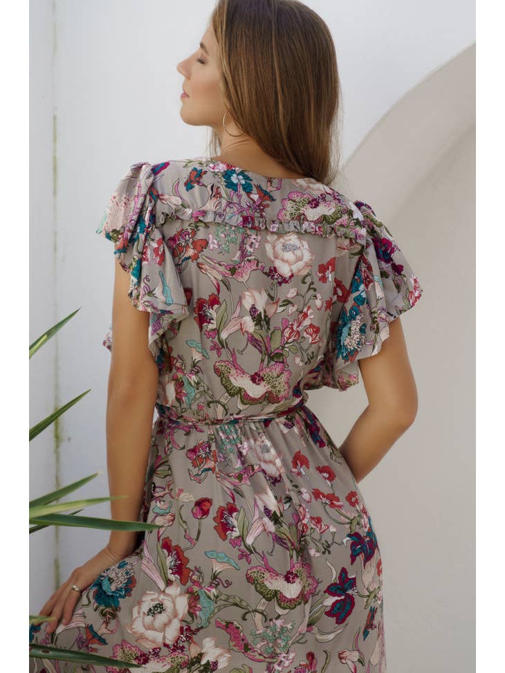 Bali ELF Carmen Wrap Maxi Dress - Beige Floral