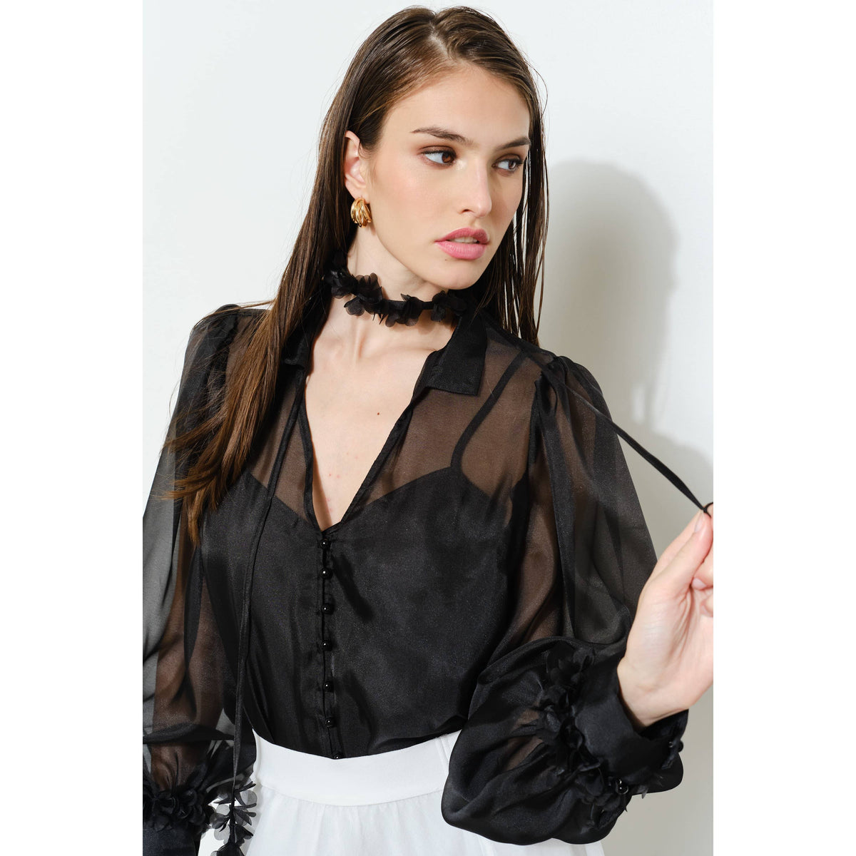 INA Sheer Tie-Neck Blouse