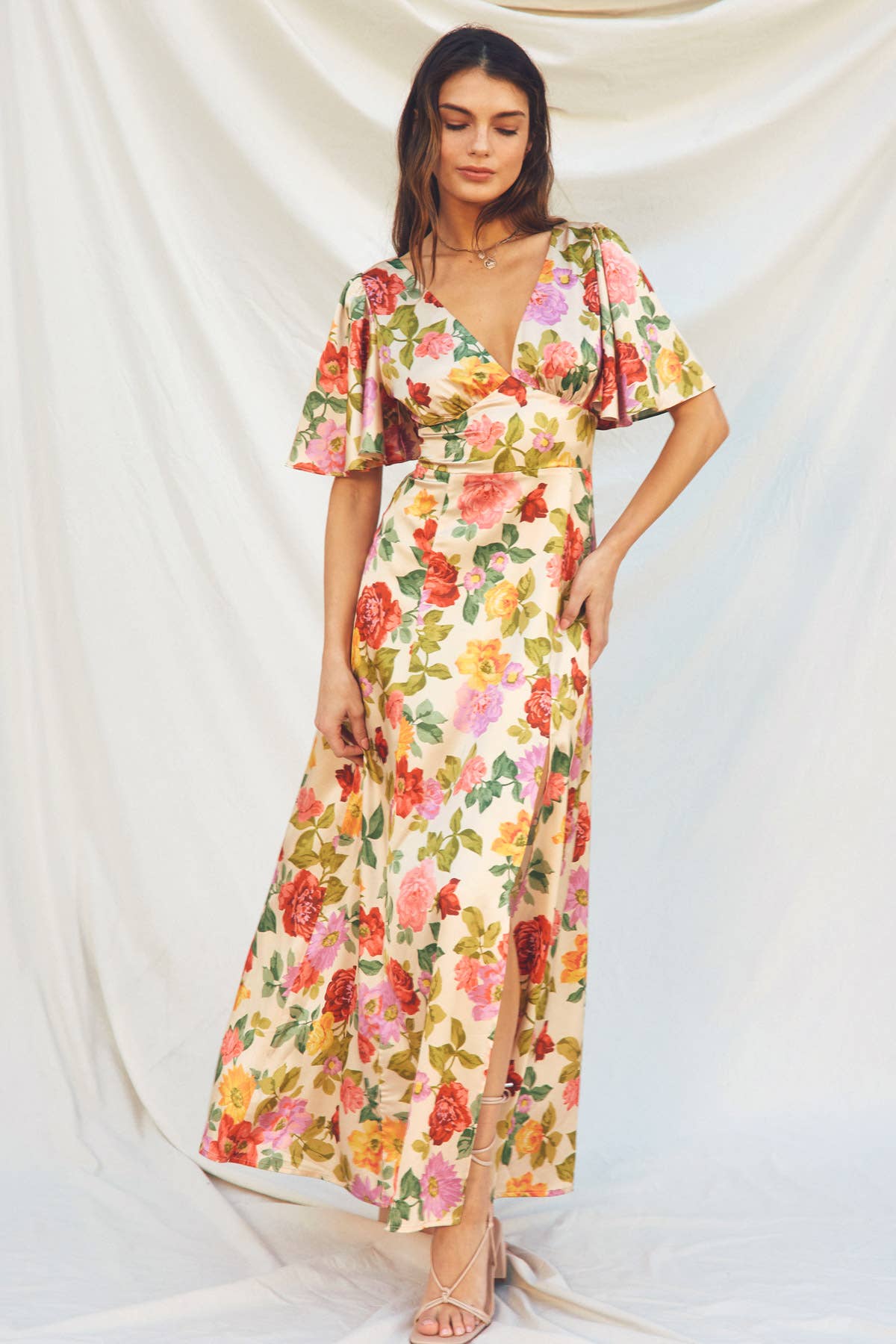 Dress Forum Gift of Love Flutter Sleeve Plunging Maxi Dress