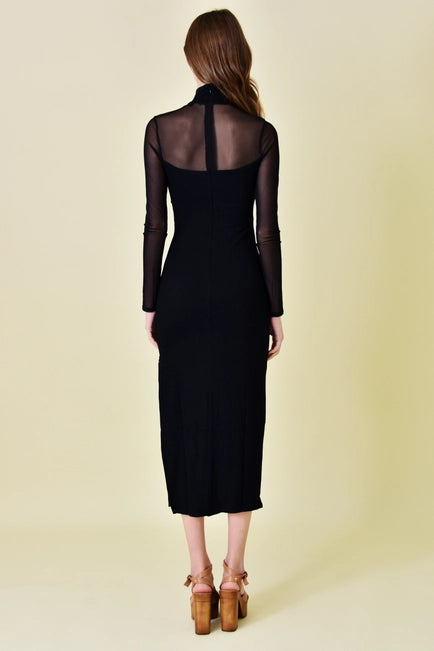 Fore Mesh Cut Out Mock Neck Black Midi Dress