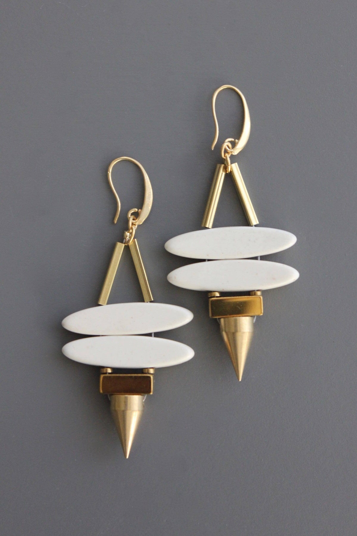 David Aubrey Geometric White Stone Ellipse & Brass Spike Earrings
