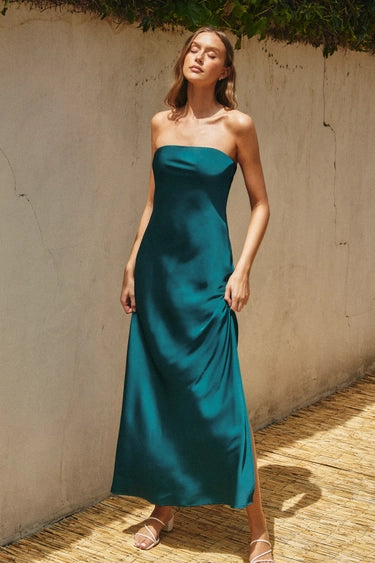 Strapless Bias Cut Maxi Dress | Midnight Teal