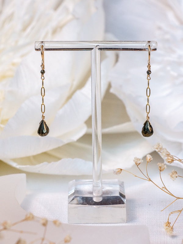 Vannucci Gold Paperclip Chain Drop Pyrite Earrings