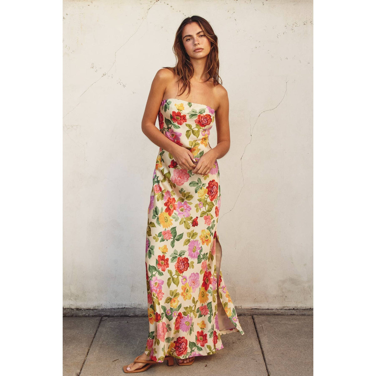 Dress Forum Floral Strapless Bias Cut Dress