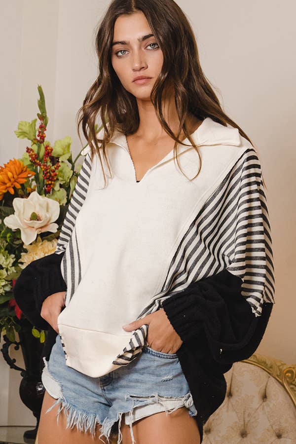 Bucketlist Oversized Collared V-Neck Contrast Top
