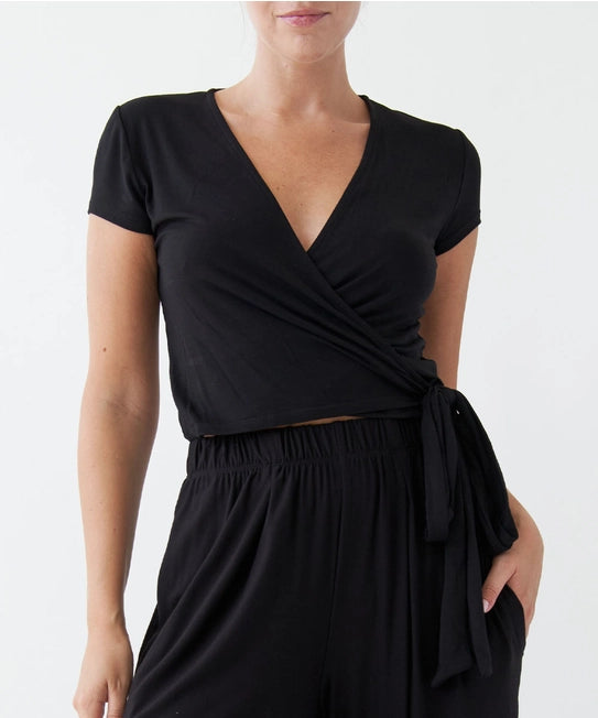 S.K. Cap Sleeve Bamboo Wrap Top | Black