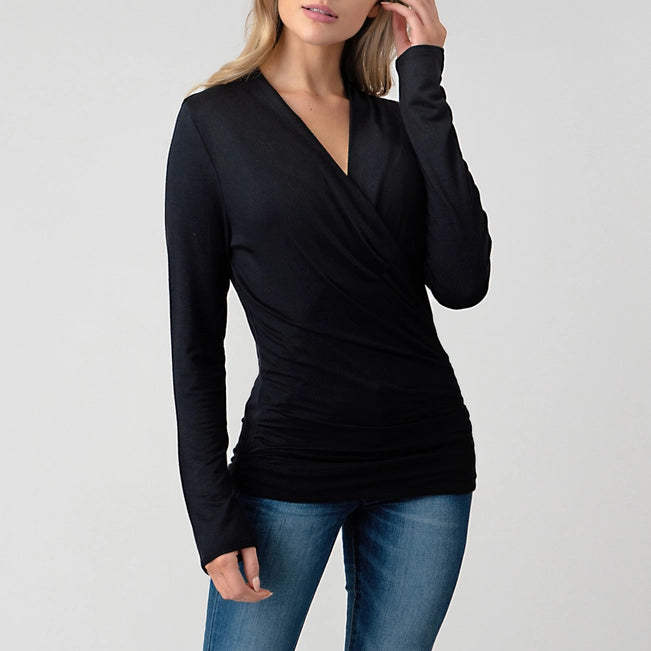 Heimious Modal Ruched Surplice Top | Black