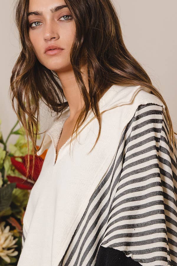 Bucketlist Oversized Collared V-Neck Contrast Top