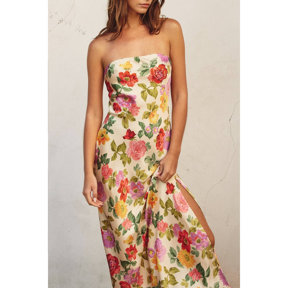 Dress Forum Floral Strapless Bias Cut Dress