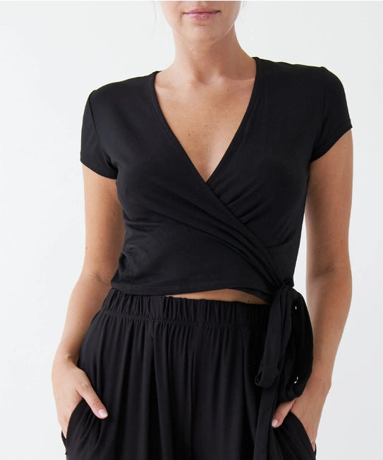 S.K. Cap Sleeve Bamboo Wrap Top | Black