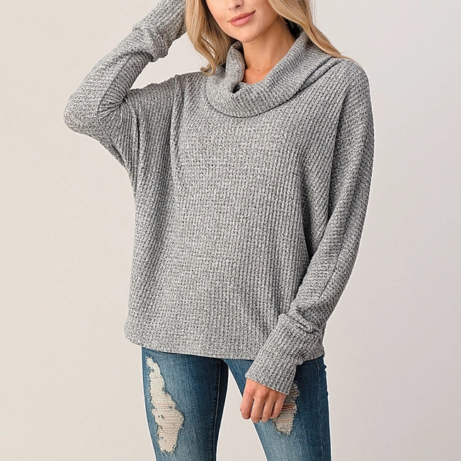 Heimious Waffle Knit Cowl Turtleneck Sweater