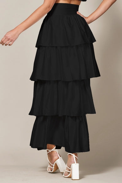 Endless Blu Tiered Black Satin Maxi Skirt