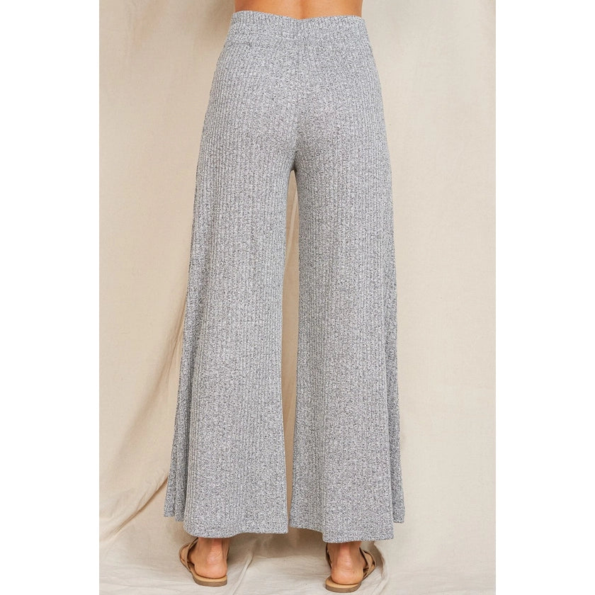 Back view of soft comfy heather grey rib knit wide leg flare pants.