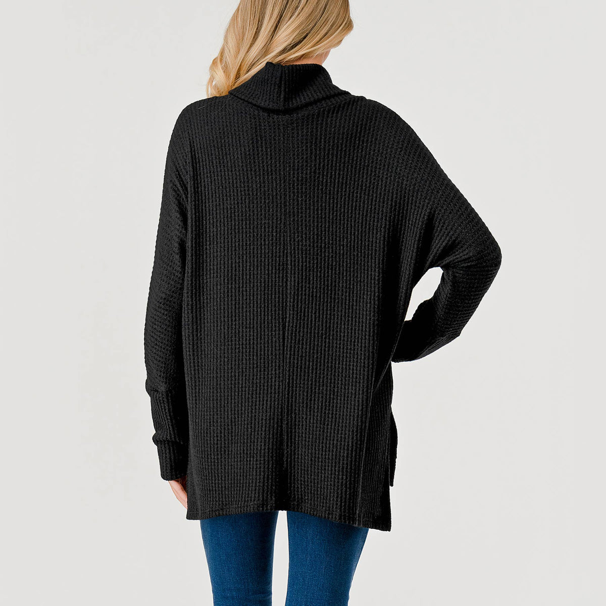 Heimious Waffle Knit Cowl Neck Sweater | Black