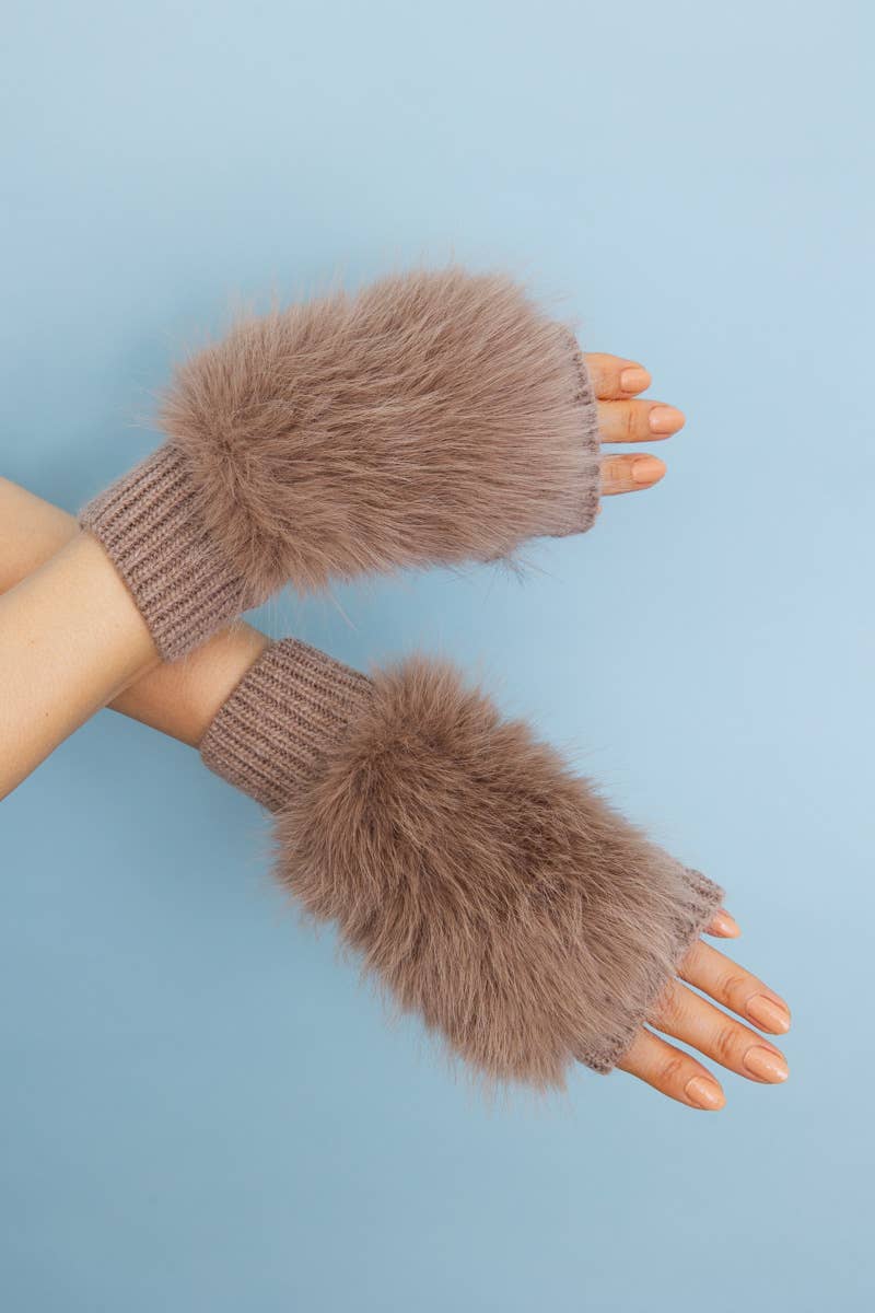 Leto Faux Fur Trim Fingerless Knit Mittens