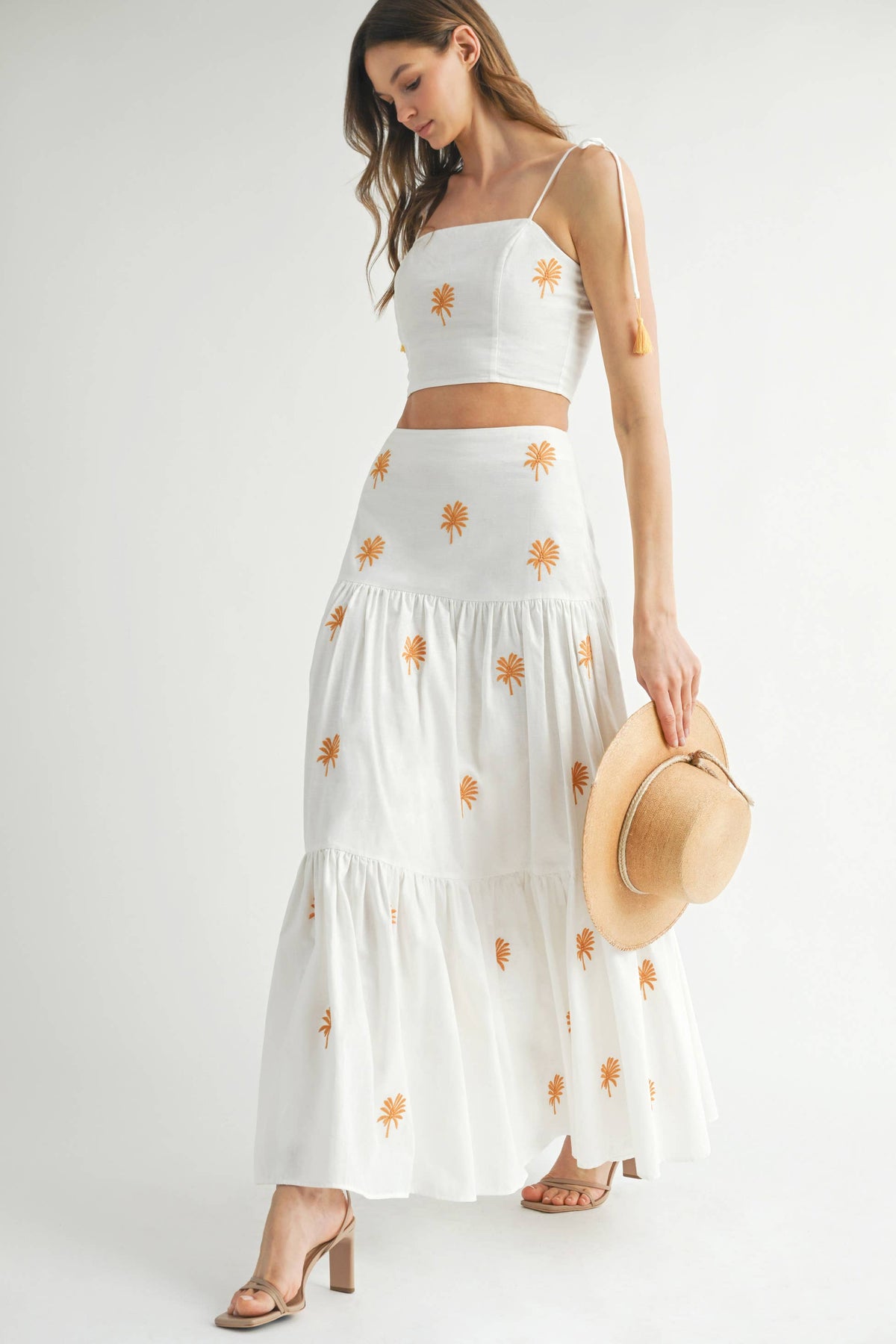 Endless Blu Palm Embroidered Tiered Maxi Skirt