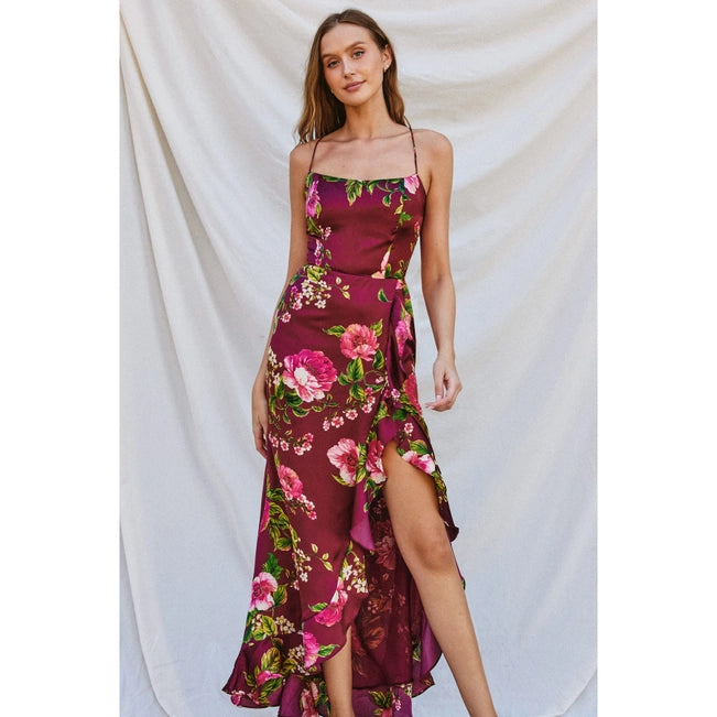 Rose Tie Back Ruffle Dress | Merlot