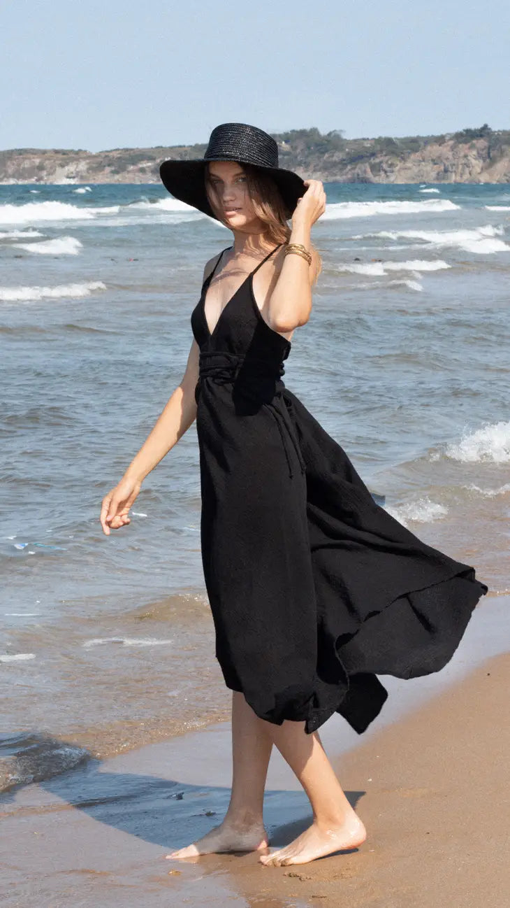 The Handloom Sage Tie Maxi Dress - Black