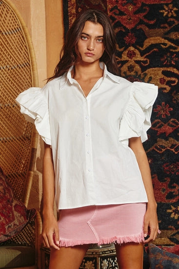 Bucketlist Ruffle Sleeve Button Down Blouse | Ivory