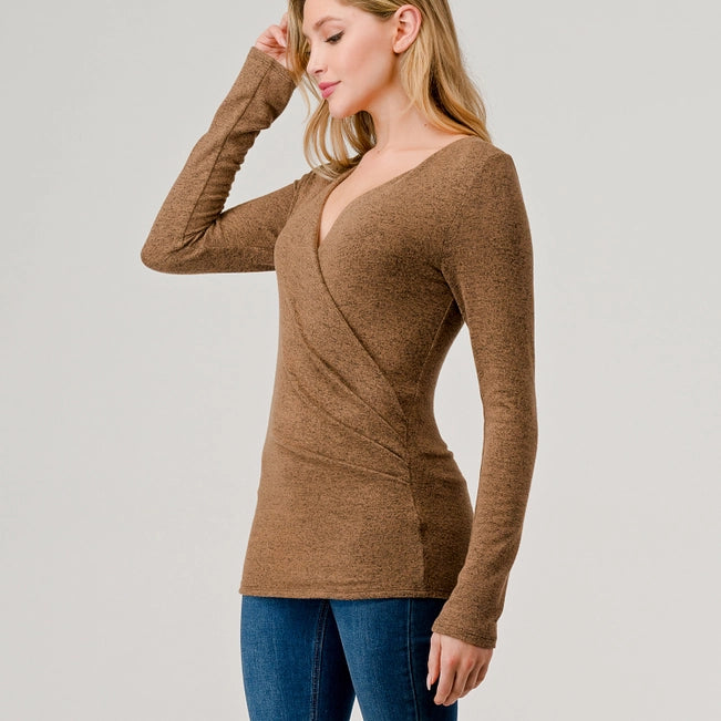 Heimious Rib Knit Surplice Top | Coffee