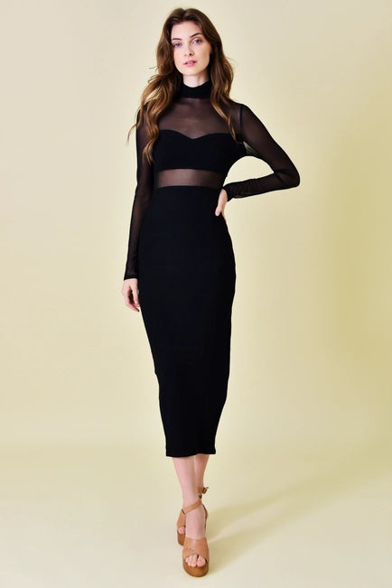 Fore Mesh Cut Out Mock Neck Black Midi Dress