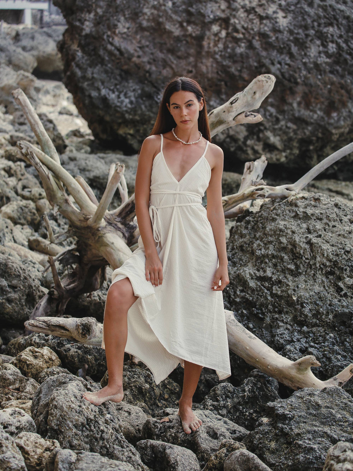 The Handloom Sage Maxi Dress - Natural With Gold Stripes