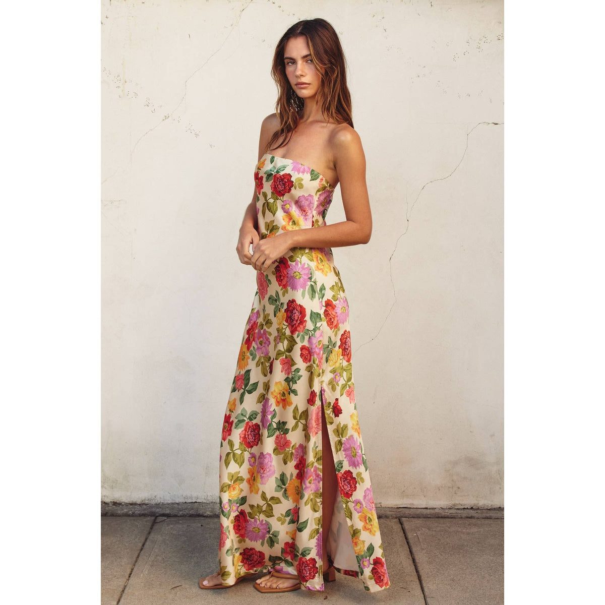Dress Forum Floral Strapless Bias Cut Dress