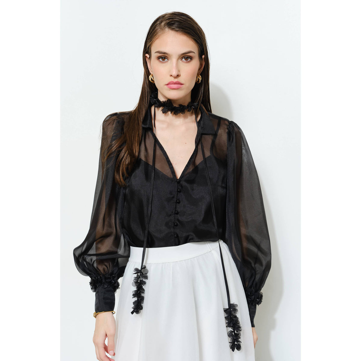 INA Sheer Tie-Neck Blouse