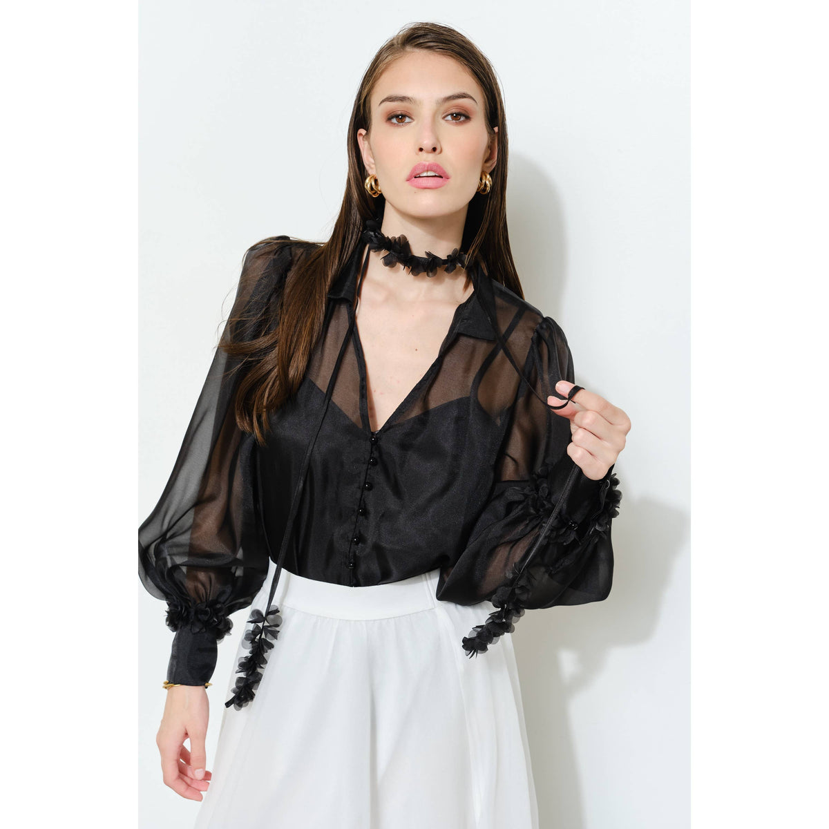 INA Sheer Tie-Neck Blouse