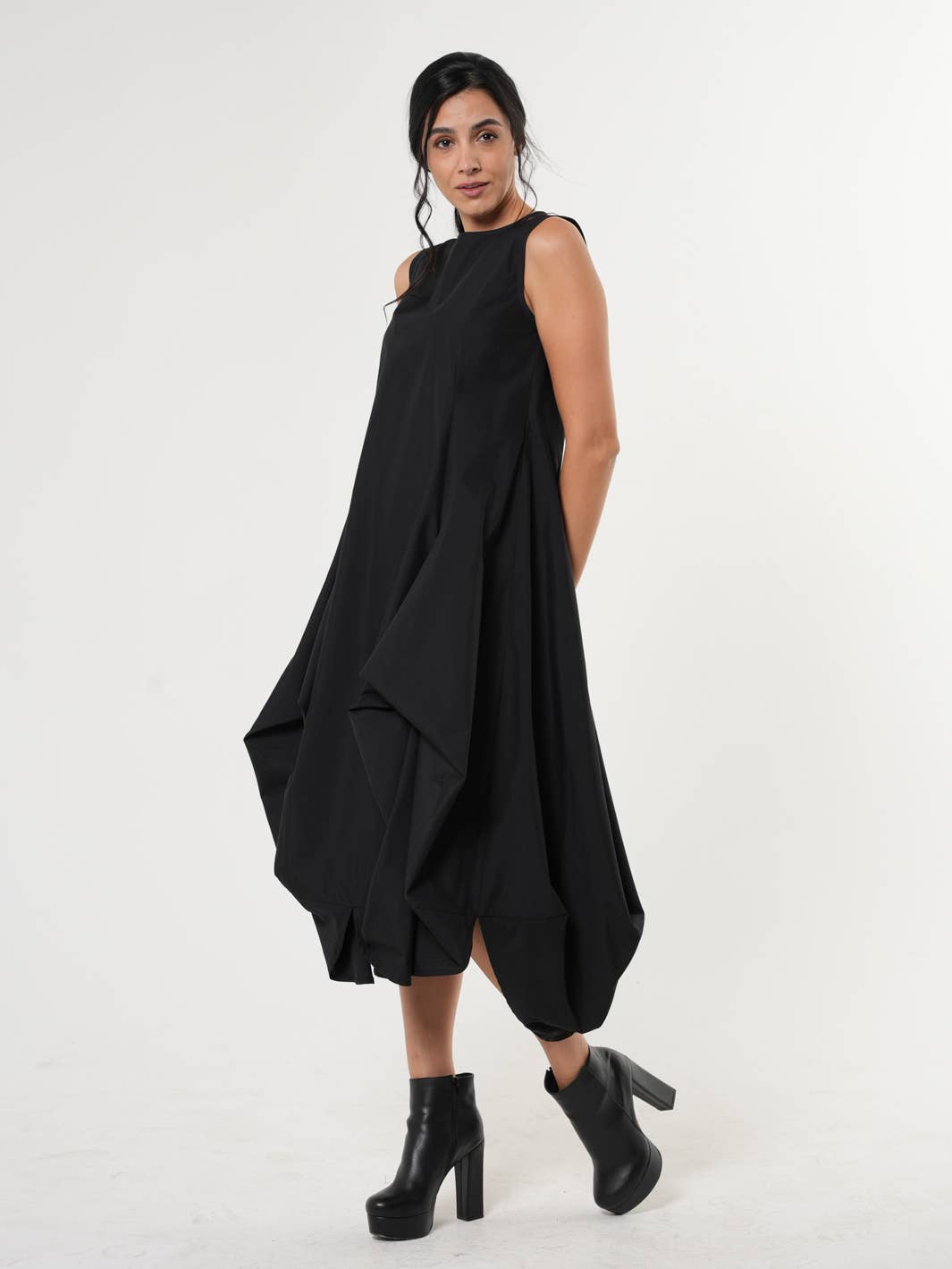 Metamorphoza Sleeveless Black Dress With Drapings