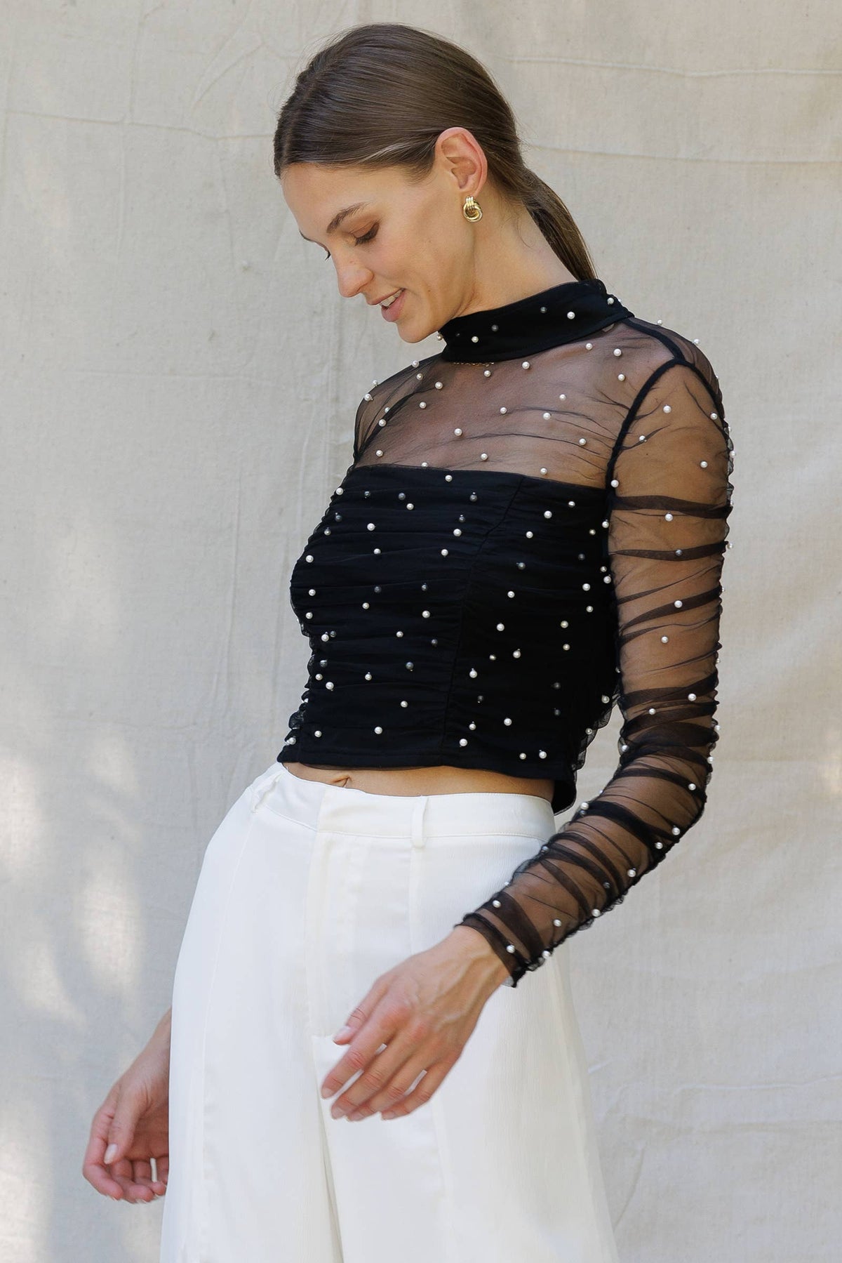 Endless Blu Sheer Pearl Embellished Mesh Top