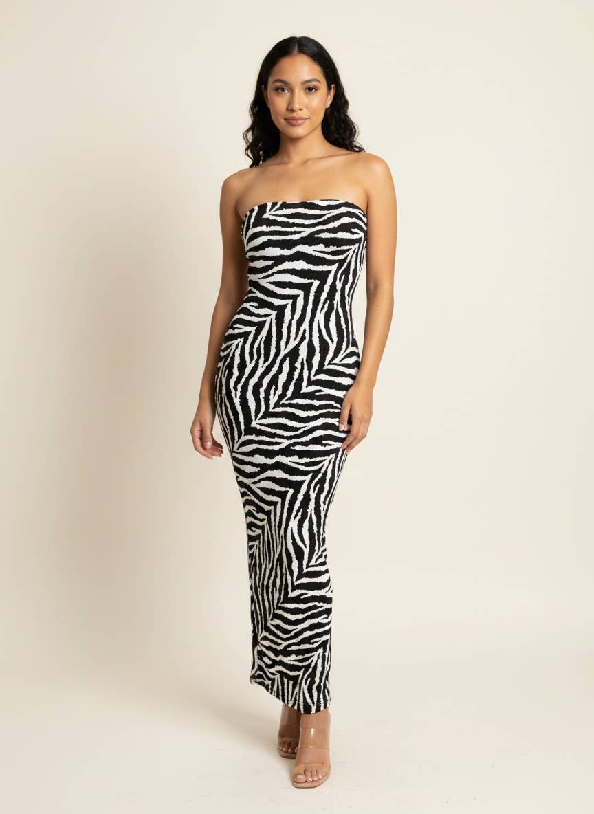 Fore Collection Strapless Zebra print Maxi Dess