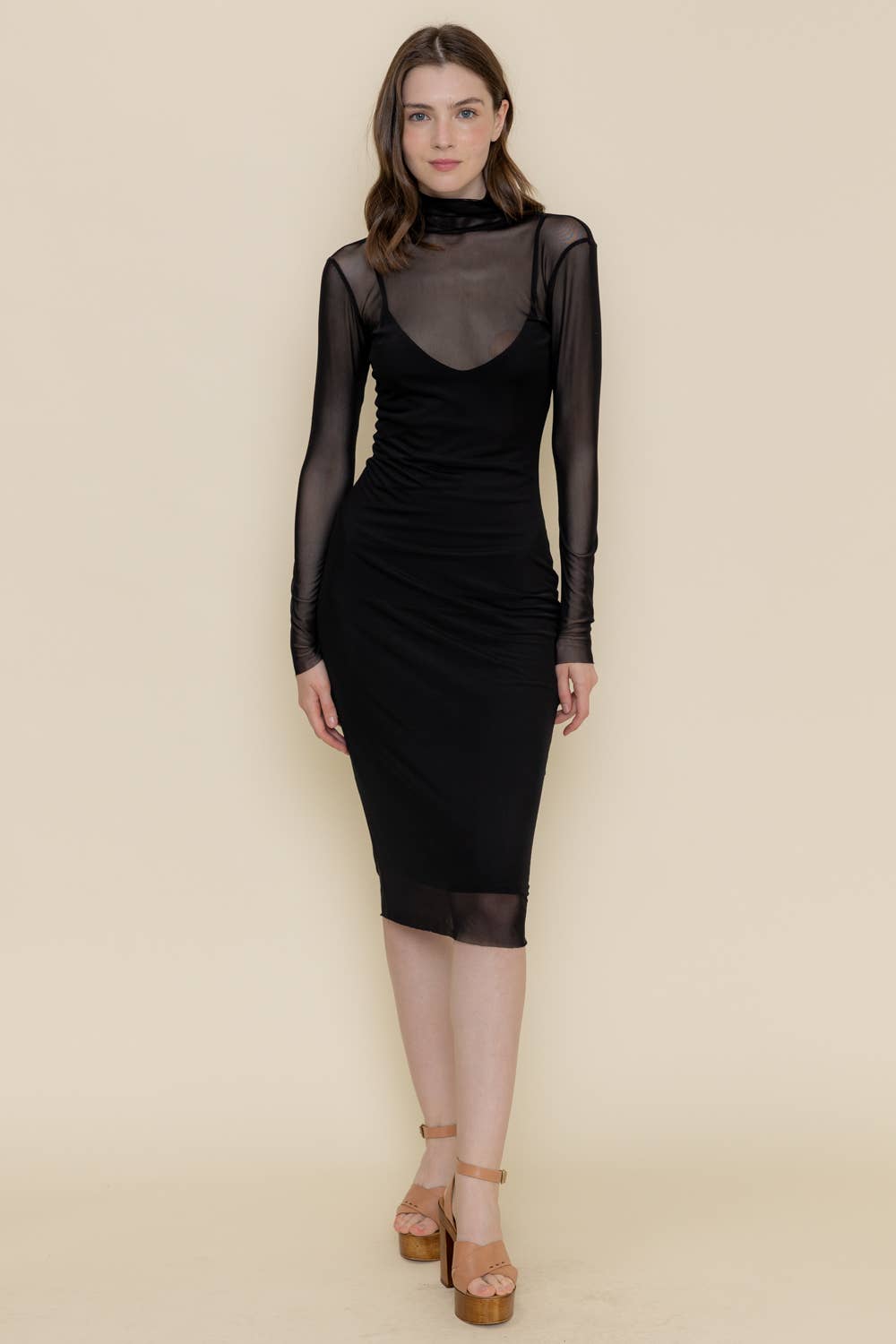 Fore Collection Mock Neck Mesh Long Sleeve Midi Dress