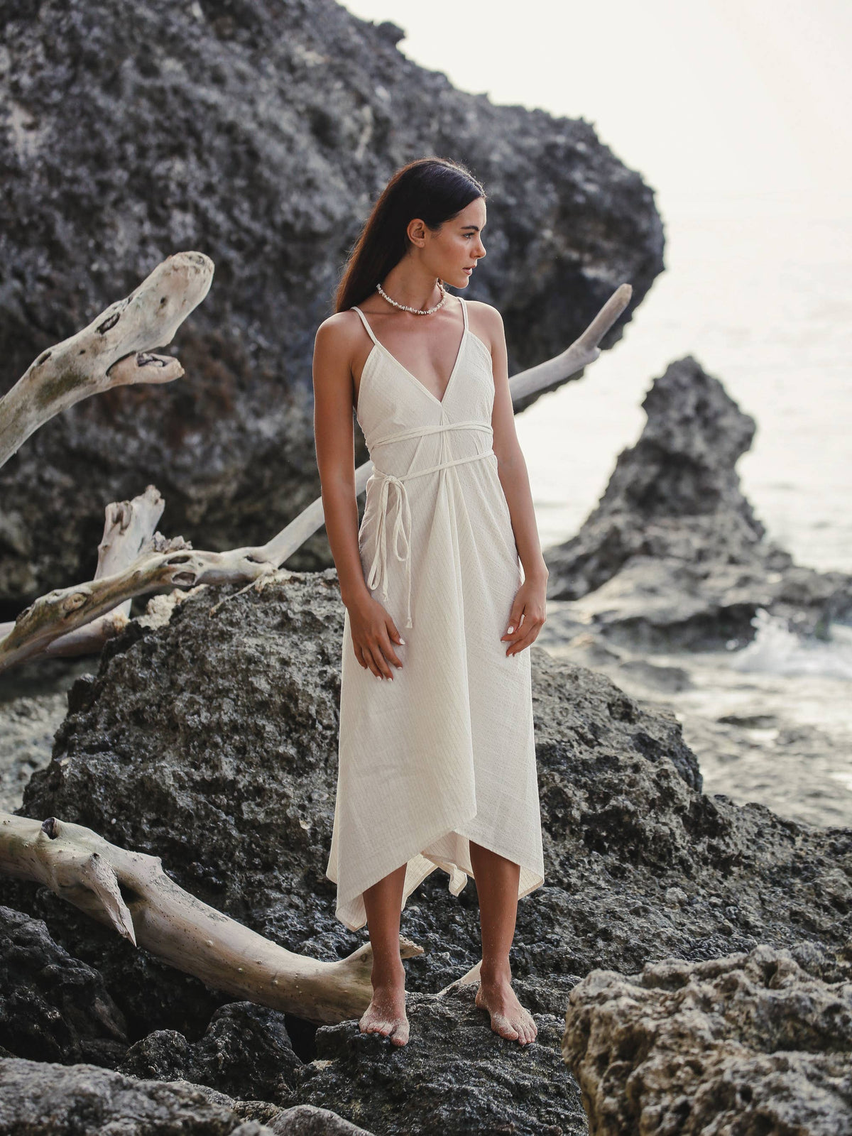 The Handloom Sage Maxi Dress - Natural With Gold Stripes